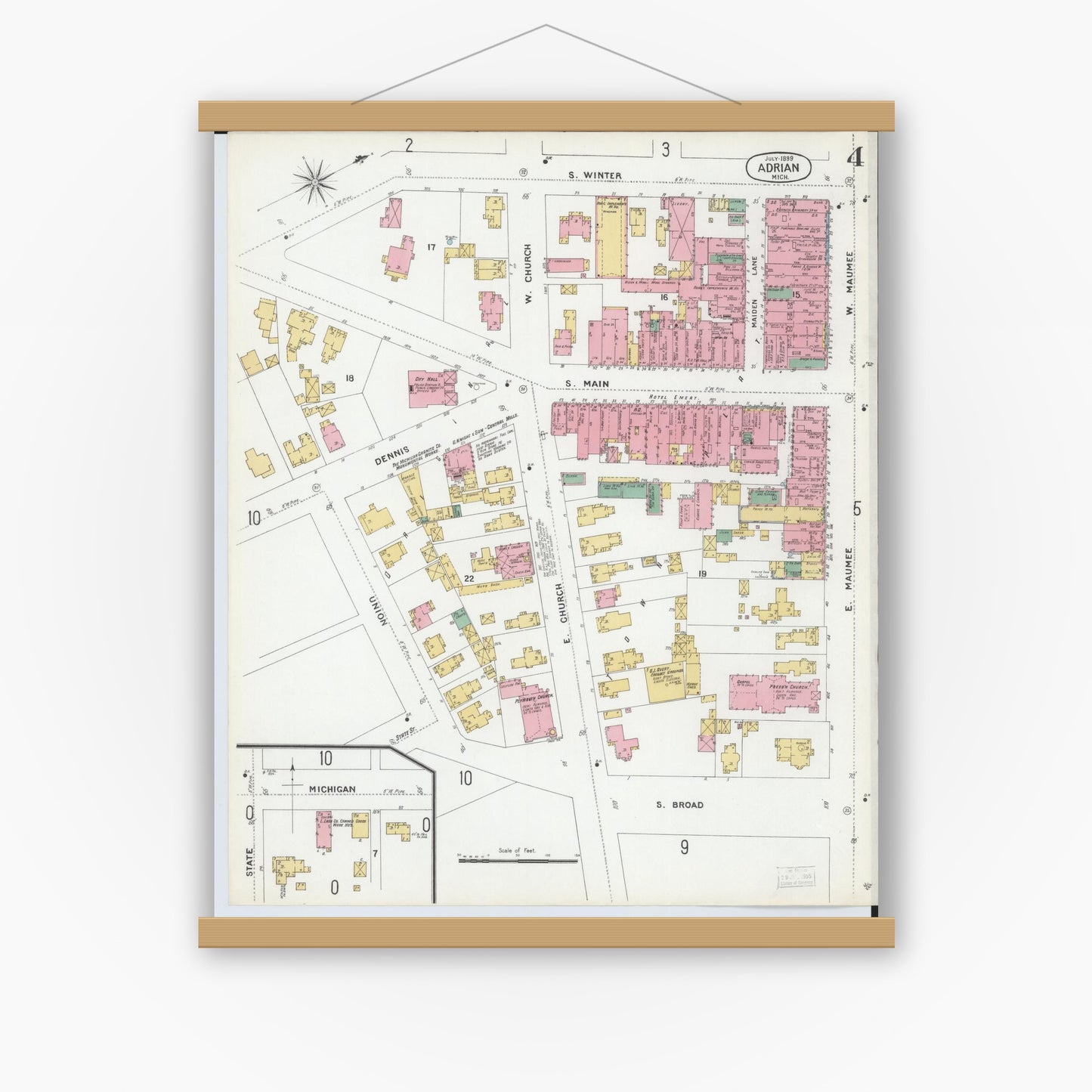 Old map wall art mockup — magnetic wood frame on white wall — Sanborn Fire Insurance Map from Adrian, Lenawee County, Michigan (1899), Sheet #0004