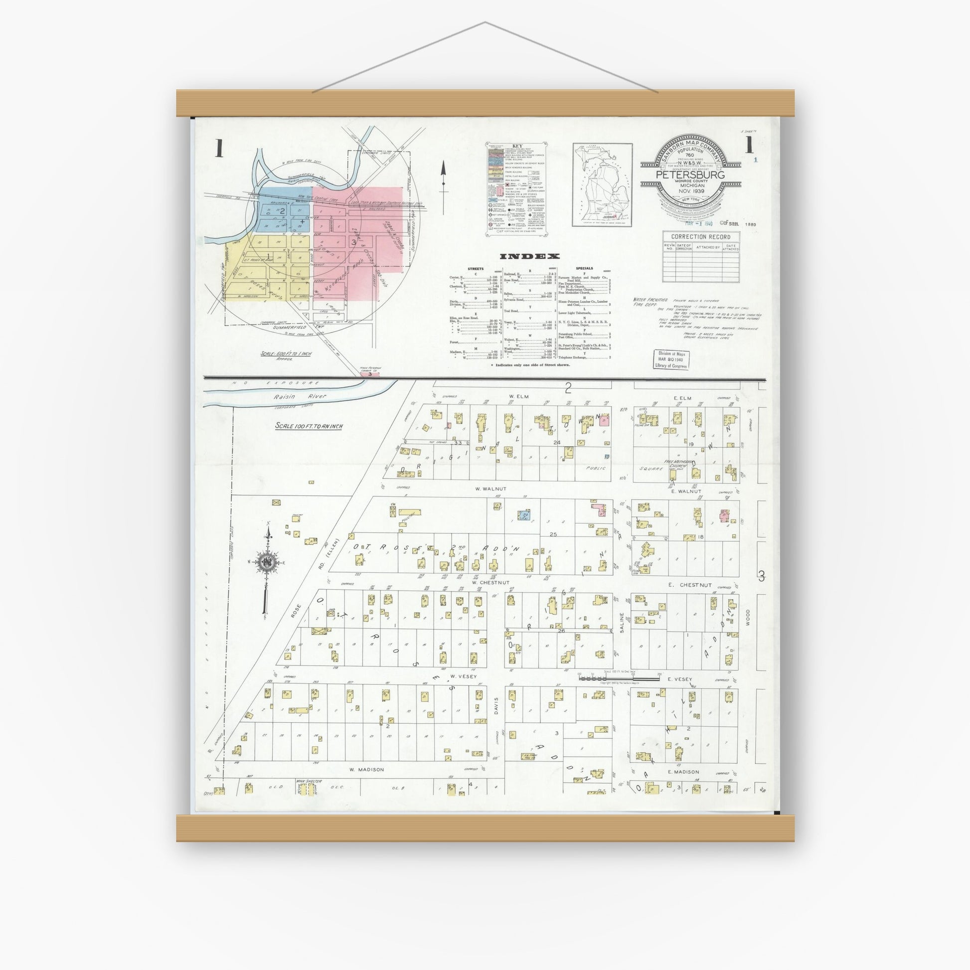 Old map wall art mockup — magnetic wood frame on white wall — Sanborn Fire Insurance Map from Petersburg, Monroe County, Michigan (1939), Sheet #0001