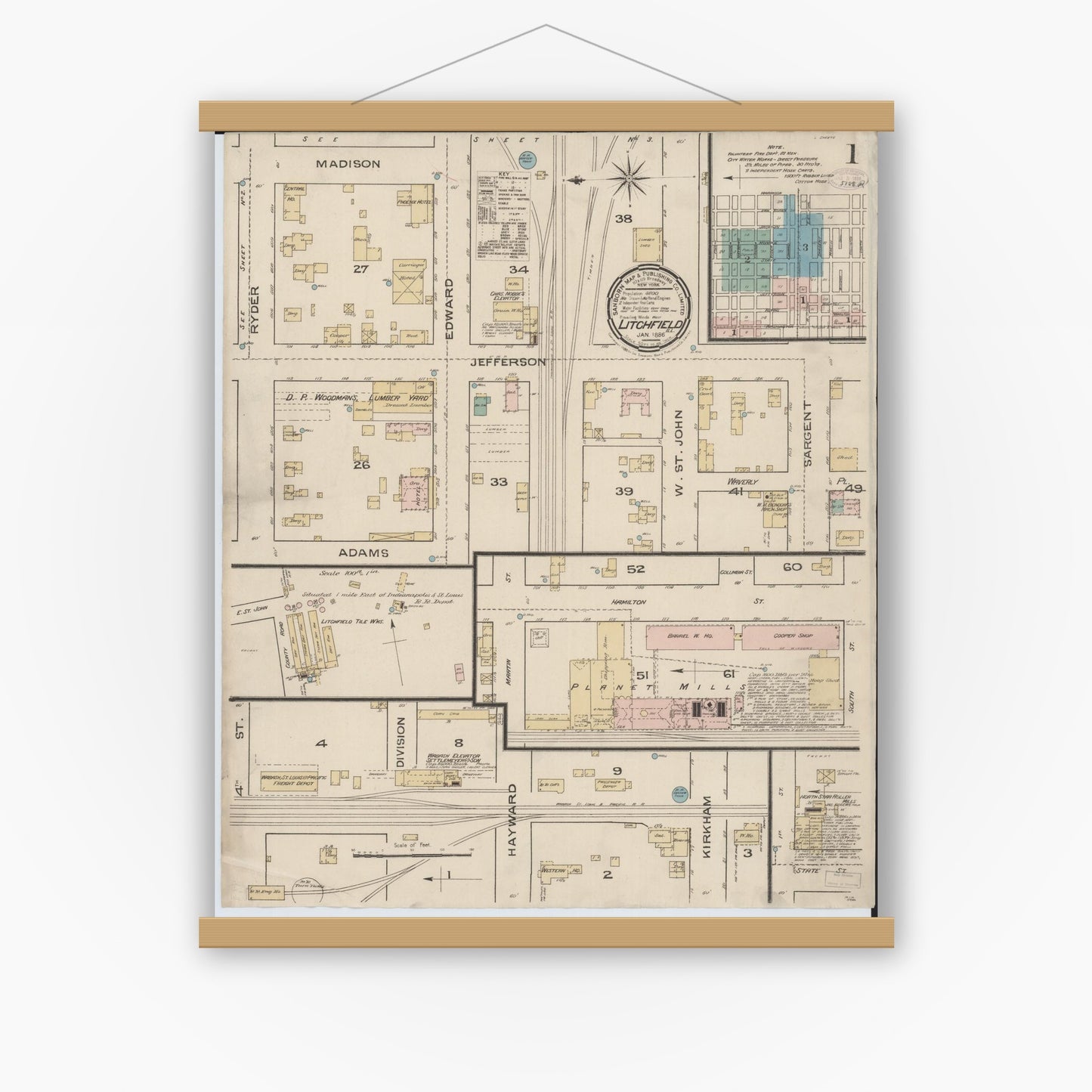 Old map wall art mockup — magnetic wood frame on white wall — Sanborn Fire Insurance Map from Litchfield, Montgomery County, Illinois (1886) - Complete Map Set