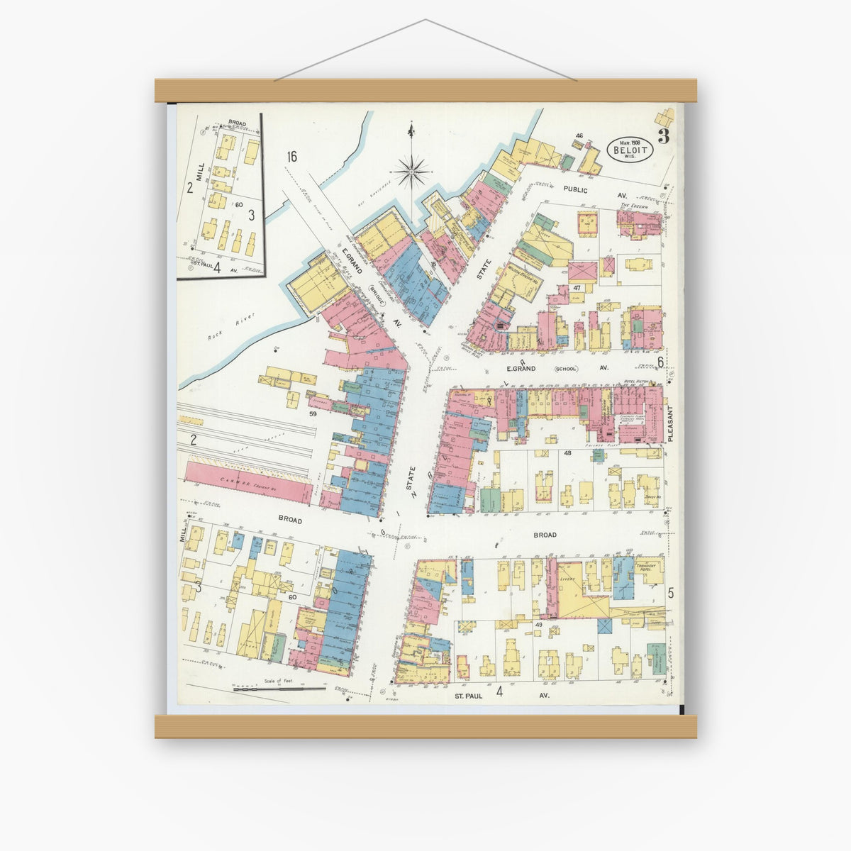 Old map wall art mockup — magnetic wood frame on white wall — Sanborn Fire Insurance Map from Beloit, Rock County, Wisconsin (1908), Sheet #0003