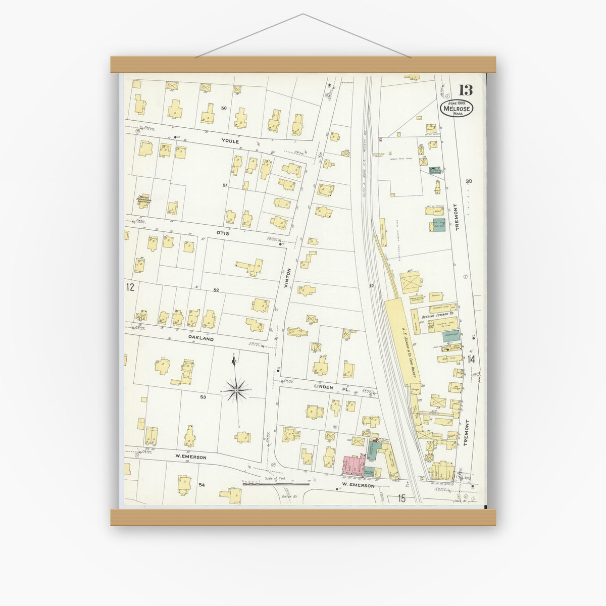 Old map wall art mockup — magnetic wood frame on white wall — Sanborn Fire Insurance Map from Melrose, Middlesex County, Massachusetts (1909), Sheet #0013