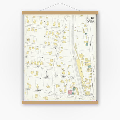 Old map wall art mockup — magnetic wood frame on white wall — Sanborn Fire Insurance Map from Melrose, Middlesex County, Massachusetts (1909), Sheet #0013