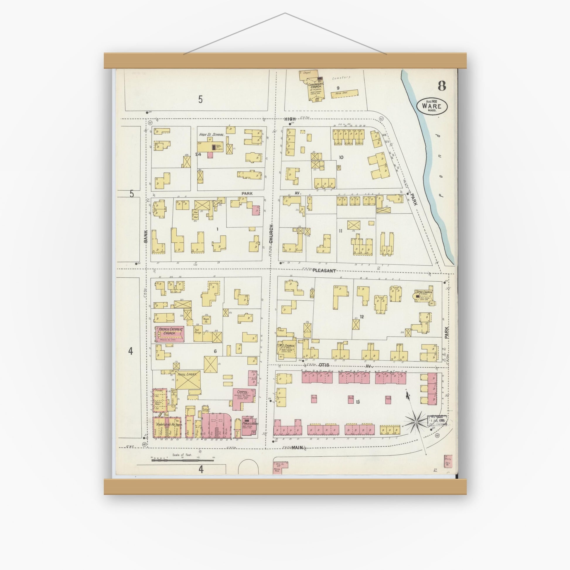 Old map wall art mockup — magnetic wood frame on white wall — Sanborn Fire Insurance Map from Ware, Hampshire County, Massachusetts (1902), Sheet #0008