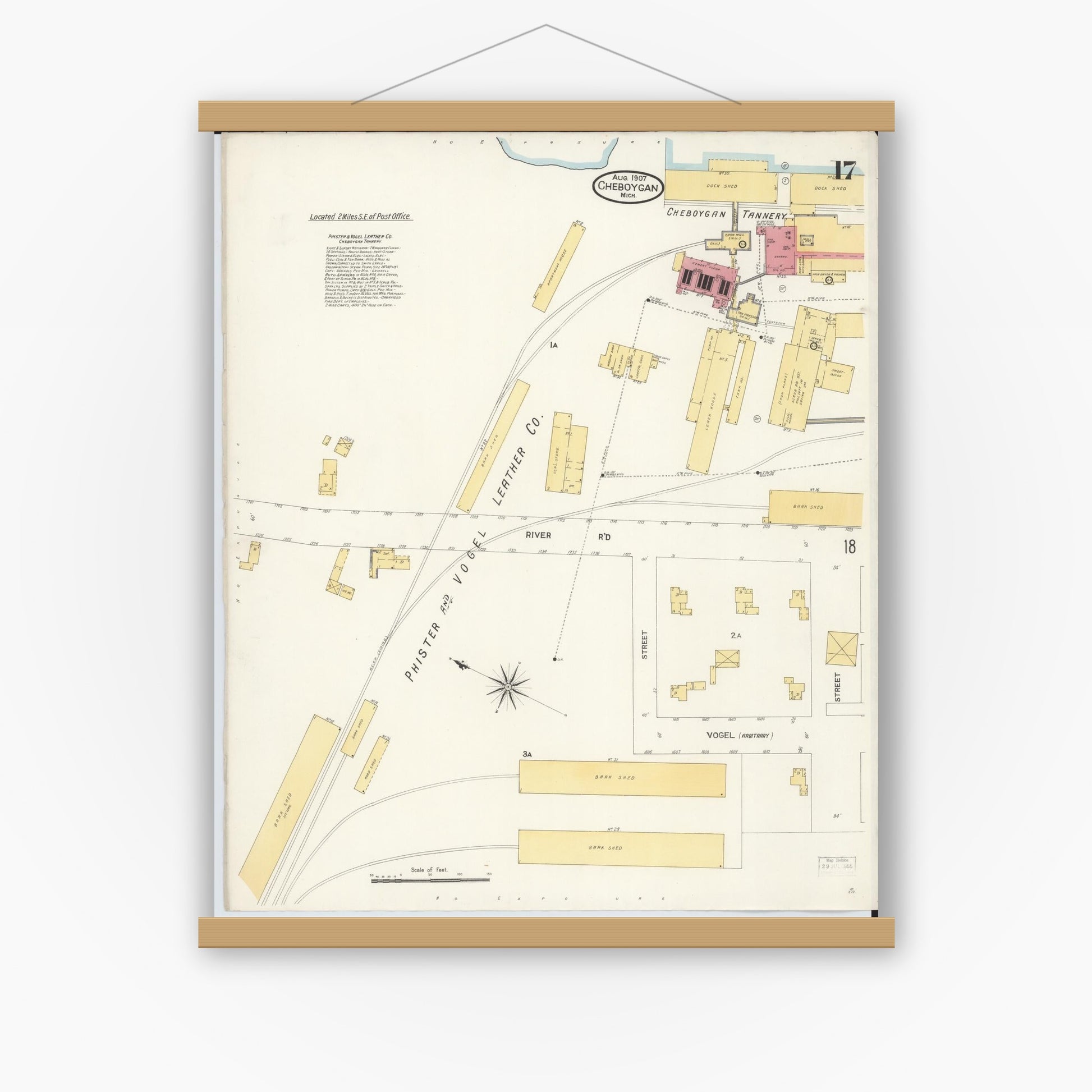 Old map wall art mockup — magnetic wood frame on white wall — Sanborn Fire Insurance Map from Cheboygan, Cheboygan County, Michigan (1907), Sheet #0017