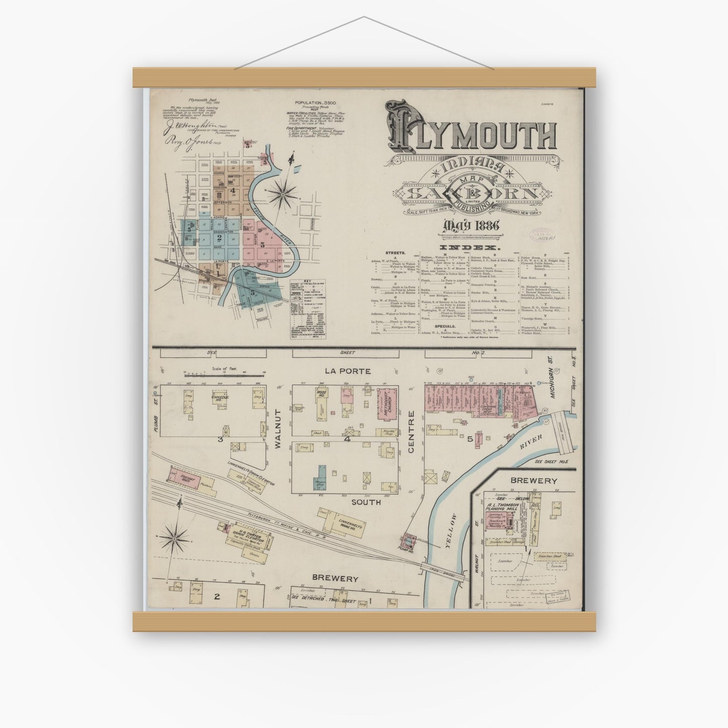 Old map wall art mockup — magnetic wood frame on white wall — Sanborn Fire Insurance Map from Plymouth, Marhshall County, Indiana (1886), Sheet #0001