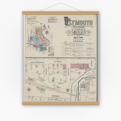 Old map wall art mockup — magnetic wood frame on white wall — Sanborn Fire Insurance Map from Plymouth, Marhshall County, Indiana (1886), Sheet #0001