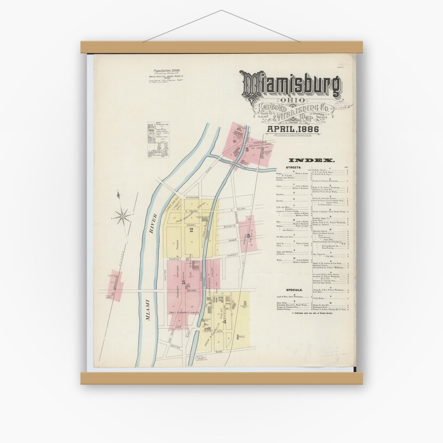 Old map wall art mockup — magnetic wood frame on white wall — Sanborn Fire Insurance Map from Miamisburg, Montgomery County, Ohio (1886) - Complete Map Set