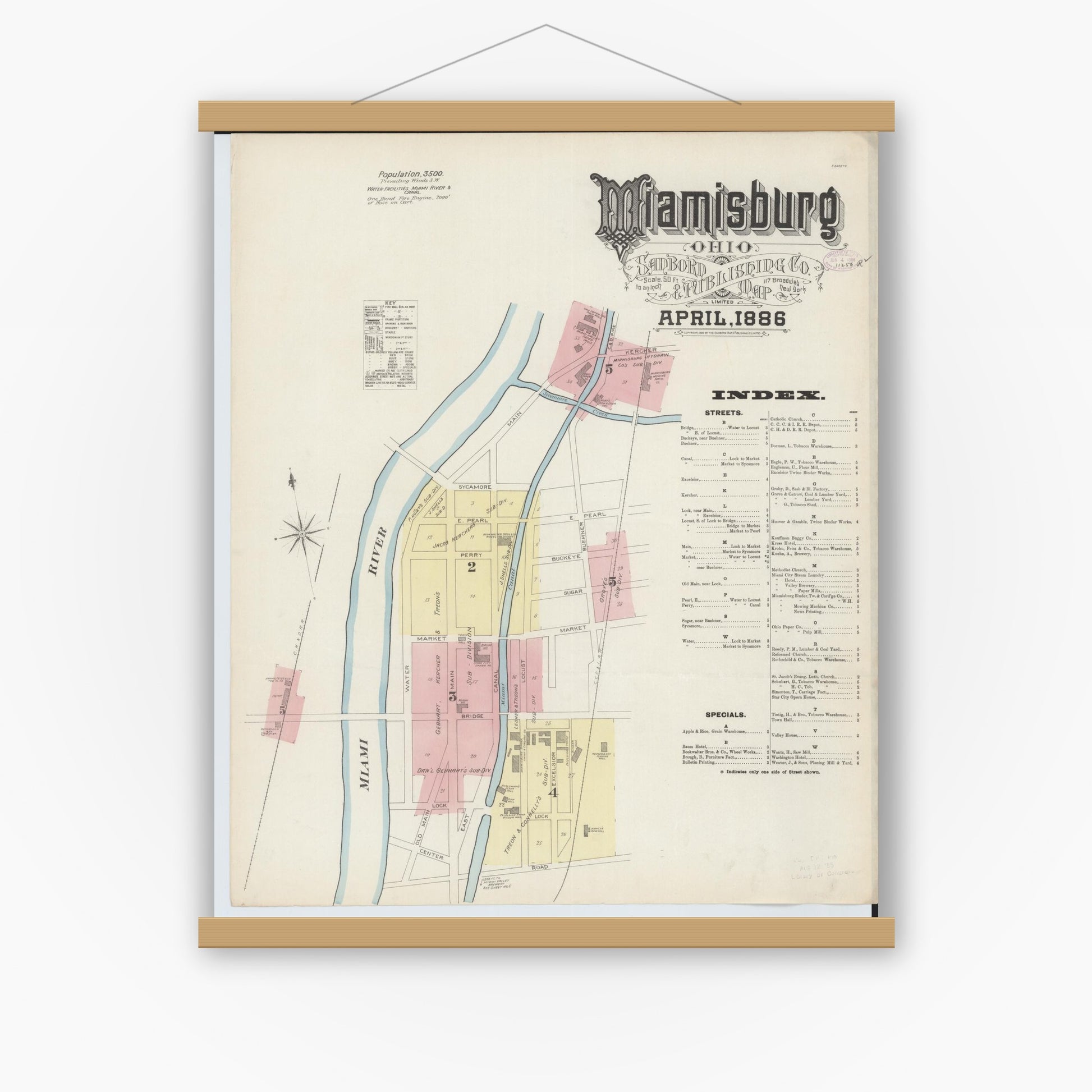 Old map wall art mockup — magnetic wood frame on white wall — Sanborn Fire Insurance Map from Miamisburg, Montgomery County, Ohio (1886) - Complete Map Set