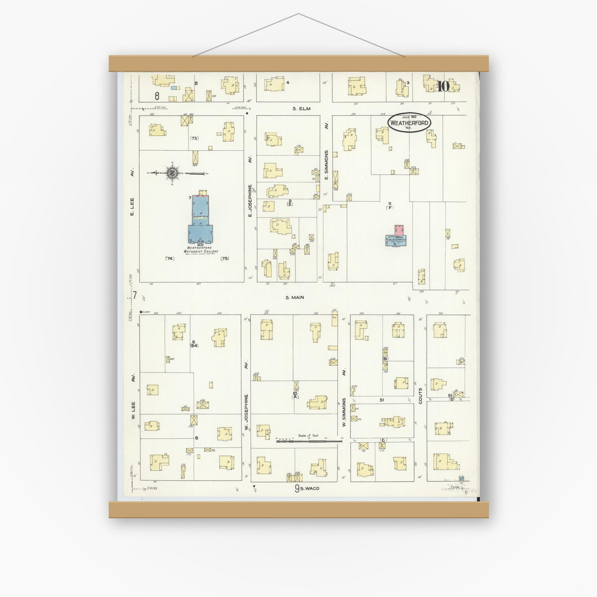 Old map wall art mockup — magnetic wood frame on white wall — Sanborn Fire Insurance Map from Weatherford, Parker County, Texas (1910), Sheet #0010