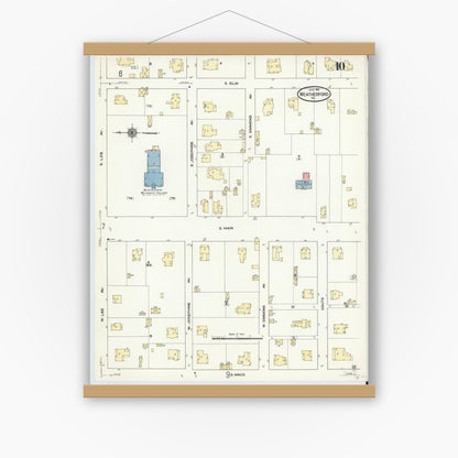Old map wall art mockup — magnetic wood frame on white wall — Sanborn Fire Insurance Map from Weatherford, Parker County, Texas (1910), Sheet #0010