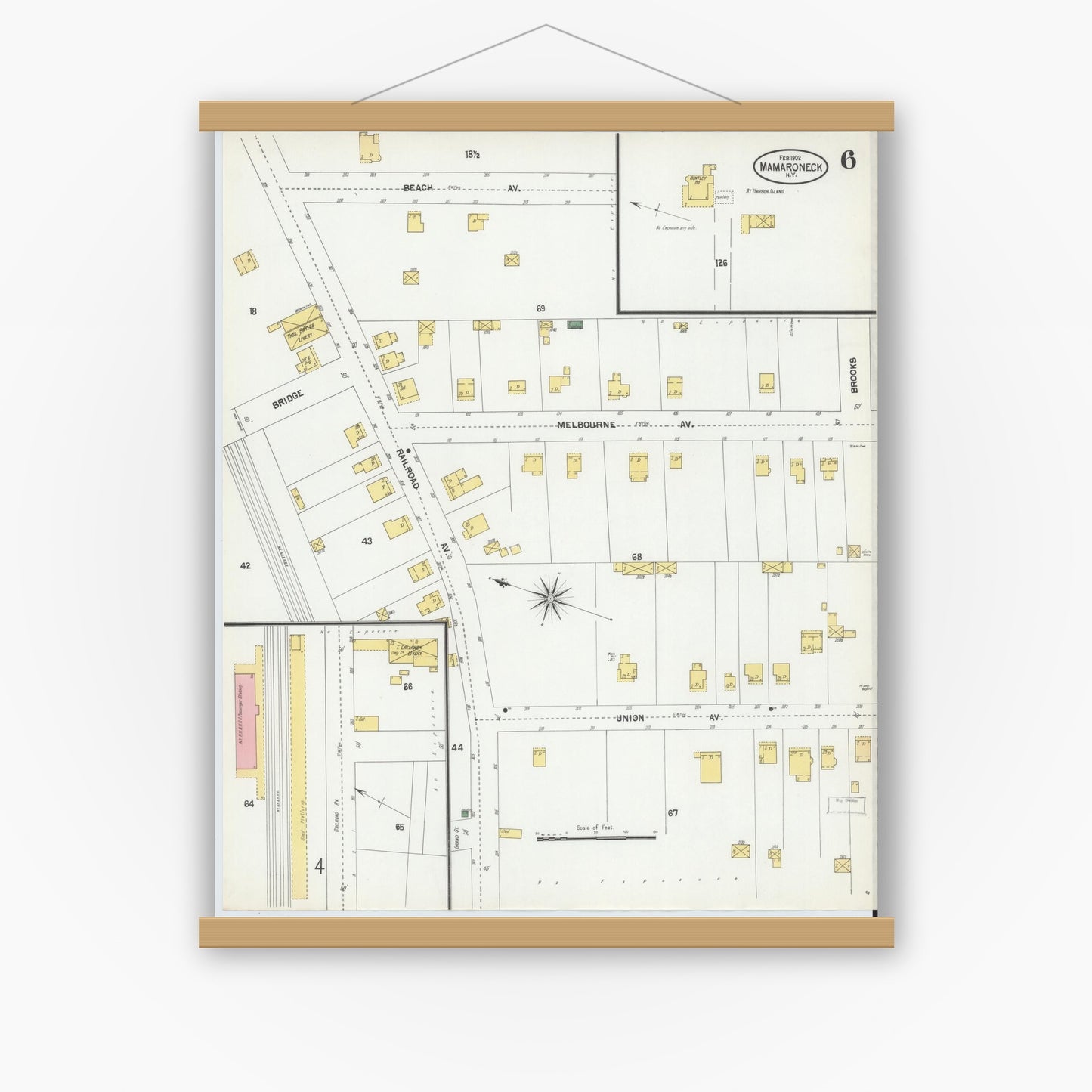 Old map wall art mockup — magnetic wood frame on white wall — Sanborn Fire Insurance Map from Mamaroneck, Westchester County, New York (1902), Sheet #0006