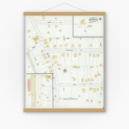 Old map wall art mockup — magnetic wood frame on white wall — Sanborn Fire Insurance Map from Mamaroneck, Westchester County, New York (1902), Sheet #0006