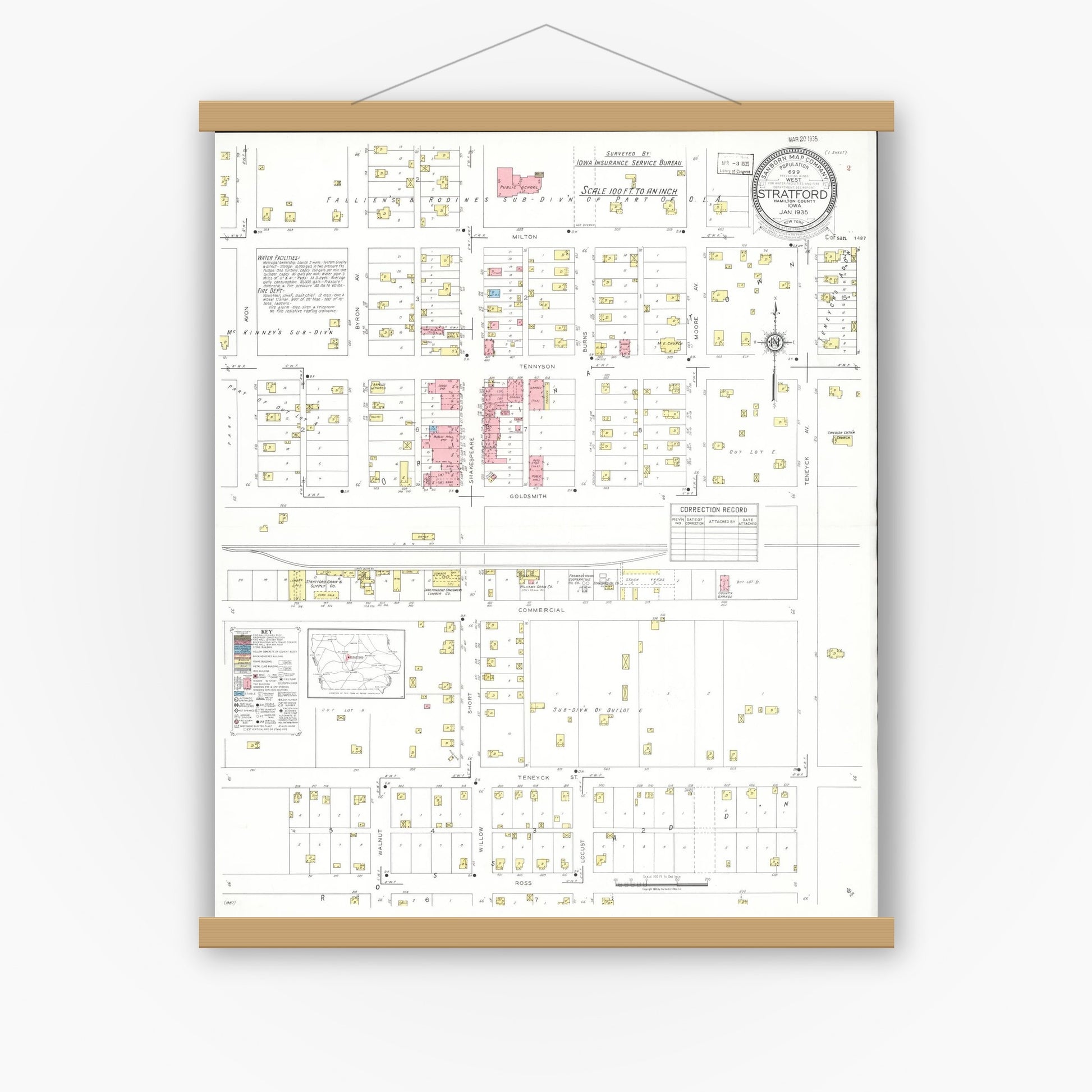 Old map wall art mockup — magnetic wood frame on white wall — Sanborn Fire Insurance Map from Stratford, Hamilton County, Iowa (1935), Sheet #0001