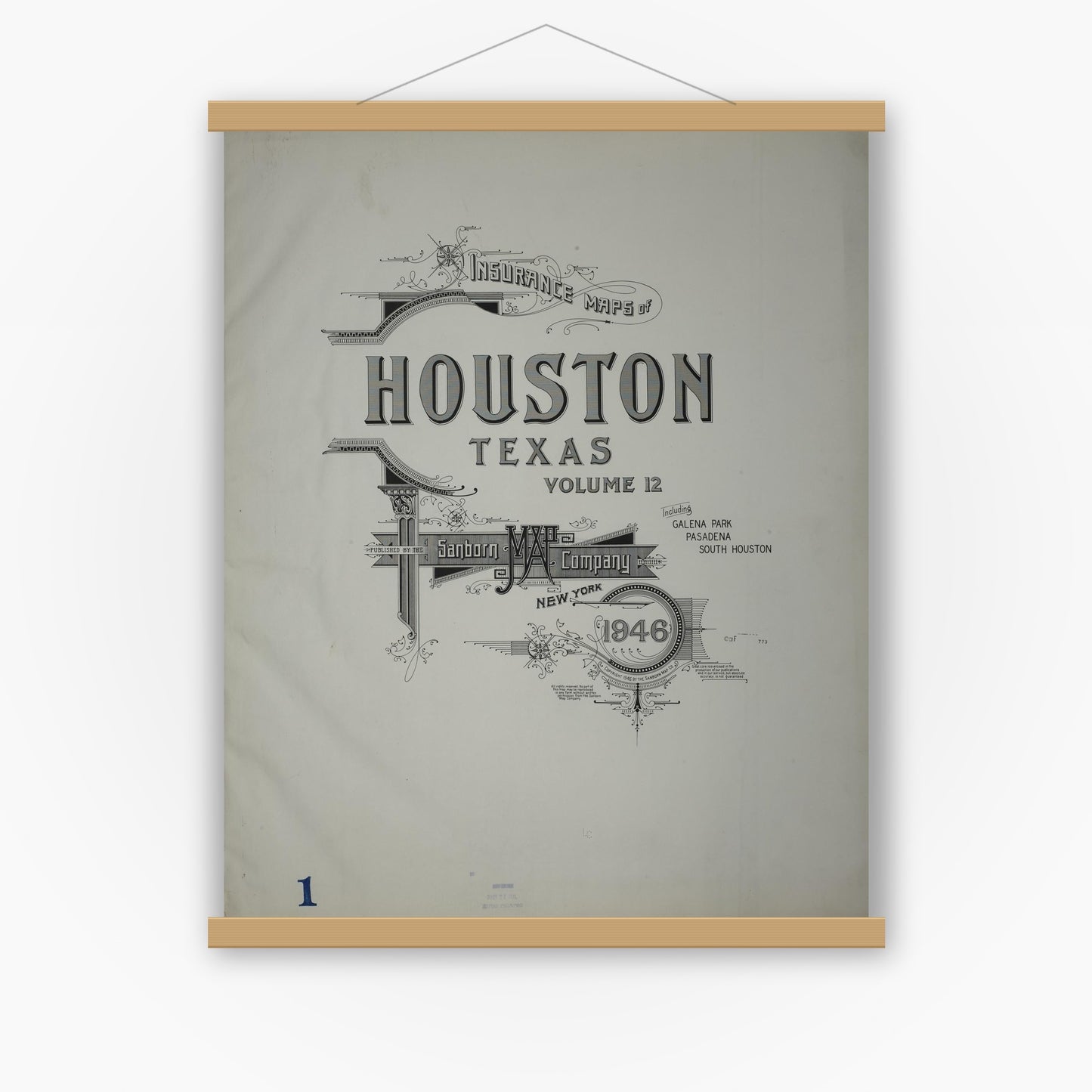 Old map wall art mockup — magnetic wood frame on white wall — Sanborn Fire Insurance Map from Houston, Harris County, Texas (1946), Sheet #0001