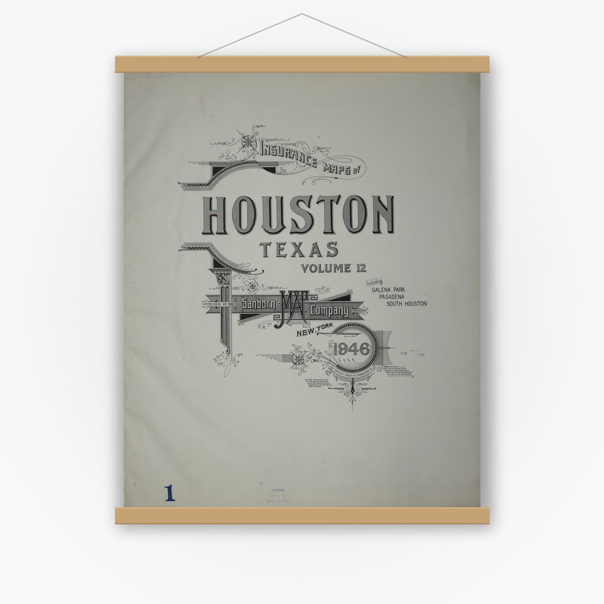 Old map wall art mockup — magnetic wood frame on white wall — Sanborn Fire Insurance Map from Houston, Harris County, Texas (1946), Sheet #0001