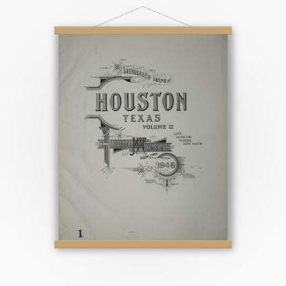 Old map wall art mockup — magnetic wood frame on white wall — Sanborn Fire Insurance Map from Houston, Harris County, Texas (1946), Sheet #0001