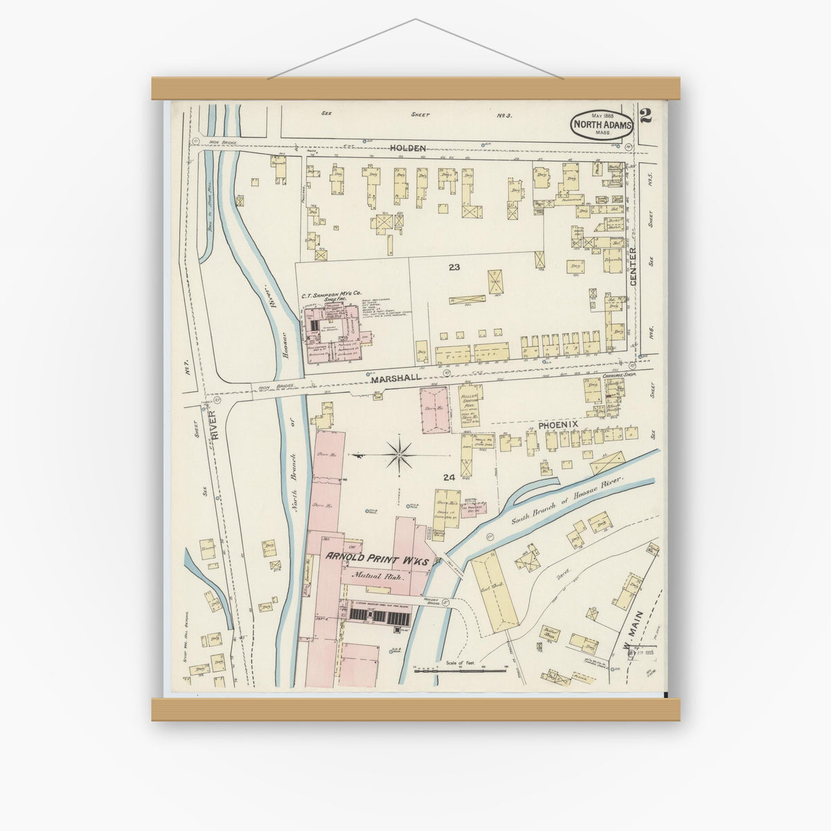 Old map wall art mockup — magnetic wood frame on white wall — Sanborn Fire Insurance Map from North Adams, Berkshire County, Massachusetts (1888), Sheet #0002