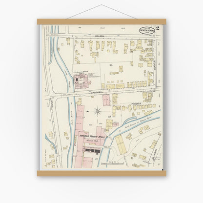 Old map wall art mockup — magnetic wood frame on white wall — Sanborn Fire Insurance Map from North Adams, Berkshire County, Massachusetts (1888), Sheet #0002