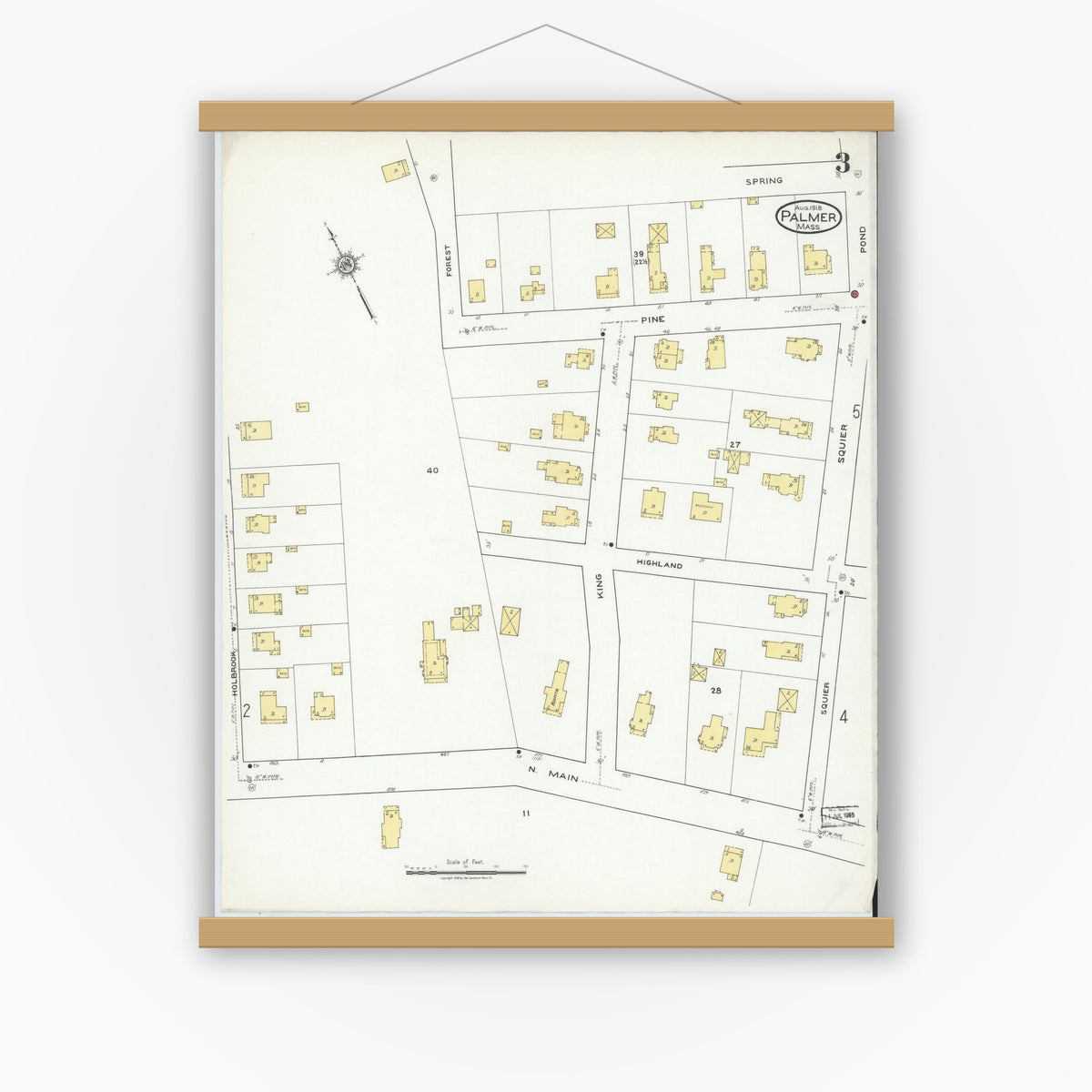 Old map wall art mockup — magnetic wood frame on white wall — Sanborn Fire Insurance Map from Palmer, Hampden County, Massachusetts (1918), Sheet #0003