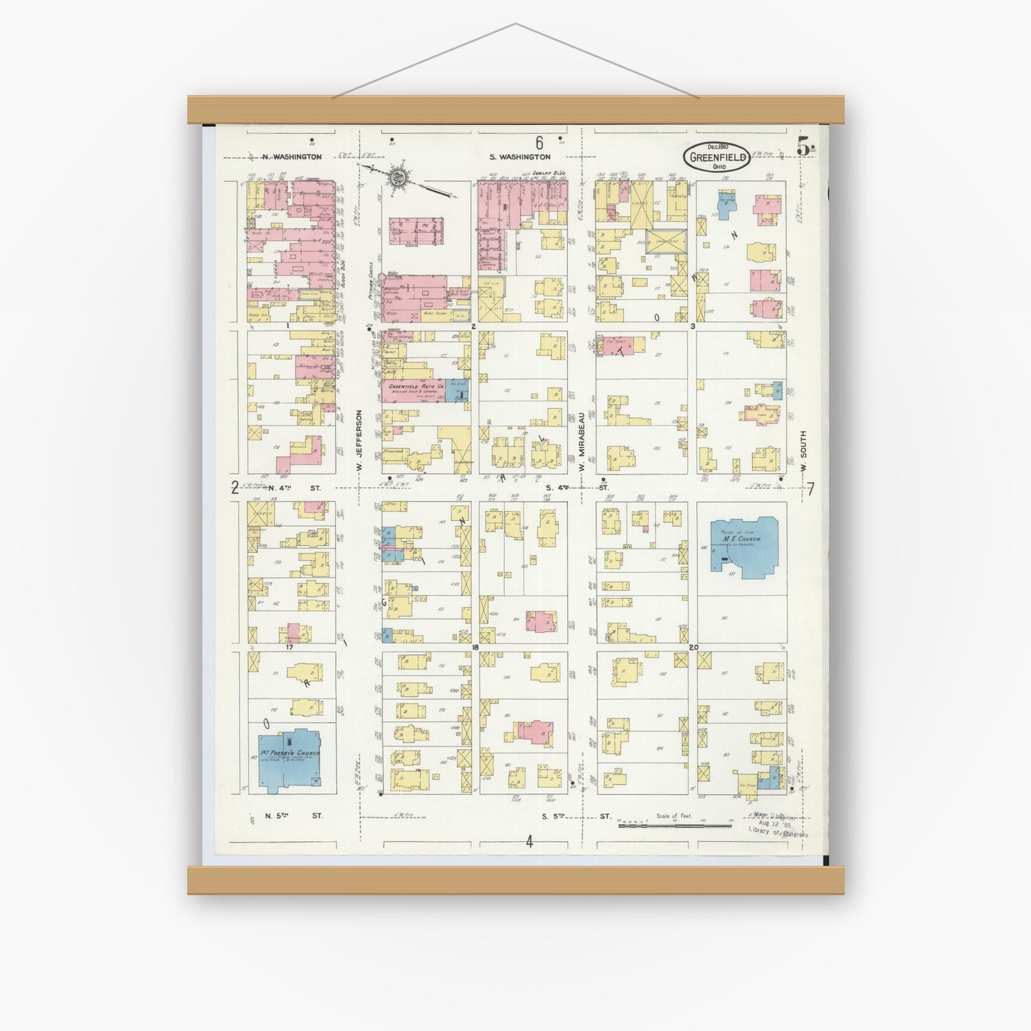 Old map wall art mockup — magnetic wood frame on white wall — Sanborn Fire Insurance Map from Greenfield, Highland County, Ohio (1910), Sheet #0005