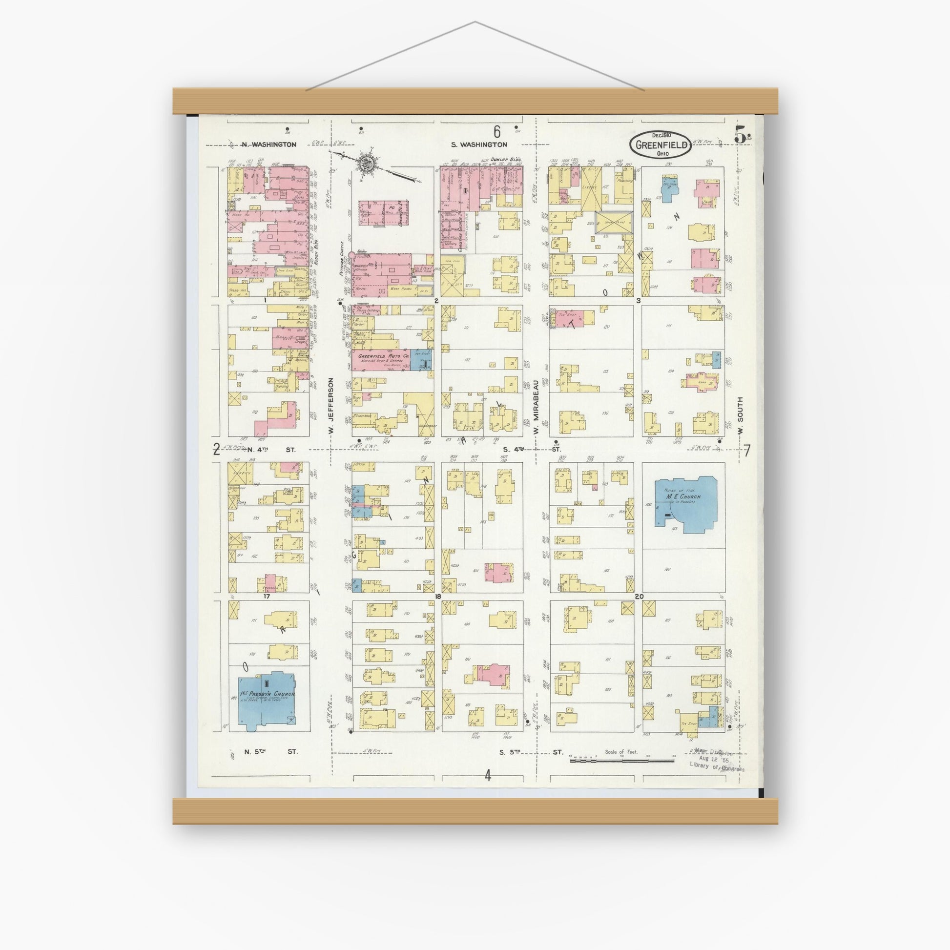 Old map wall art mockup — magnetic wood frame on white wall — Sanborn Fire Insurance Map from Greenfield, Highland County, Ohio (1910), Sheet #0005