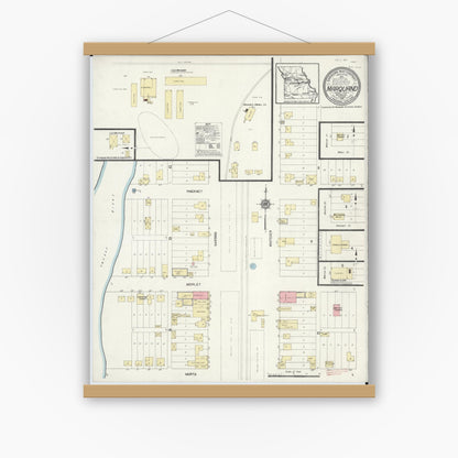 Old map wall art mockup — magnetic wood frame on white wall — Sanborn Fire Insurance Map from Marquand, Madison County, Missouri (1912), Sheet #0001