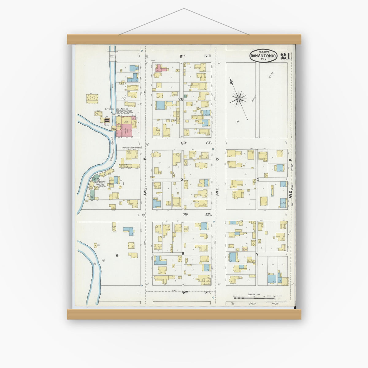 Old map wall art mockup — magnetic wood frame on white wall — Sanborn Fire Insurance Map from San Antonio, Bexar County, Texas (1892), Sheet #0021