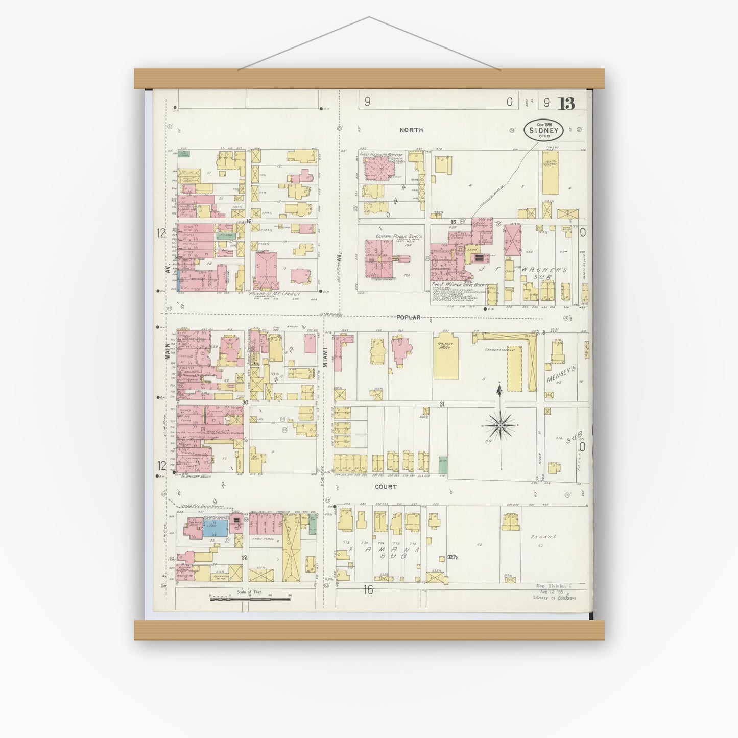 Old map wall art mockup — magnetic wood frame on white wall — Sanborn Fire Insurance Map from Sidney, Shelby County, Ohio (1898), Sheet #0013