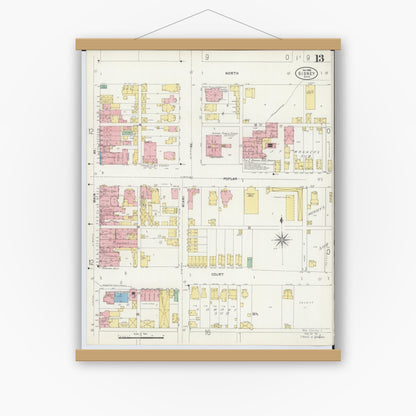 Old map wall art mockup — magnetic wood frame on white wall — Sanborn Fire Insurance Map from Sidney, Shelby County, Ohio (1898), Sheet #0013
