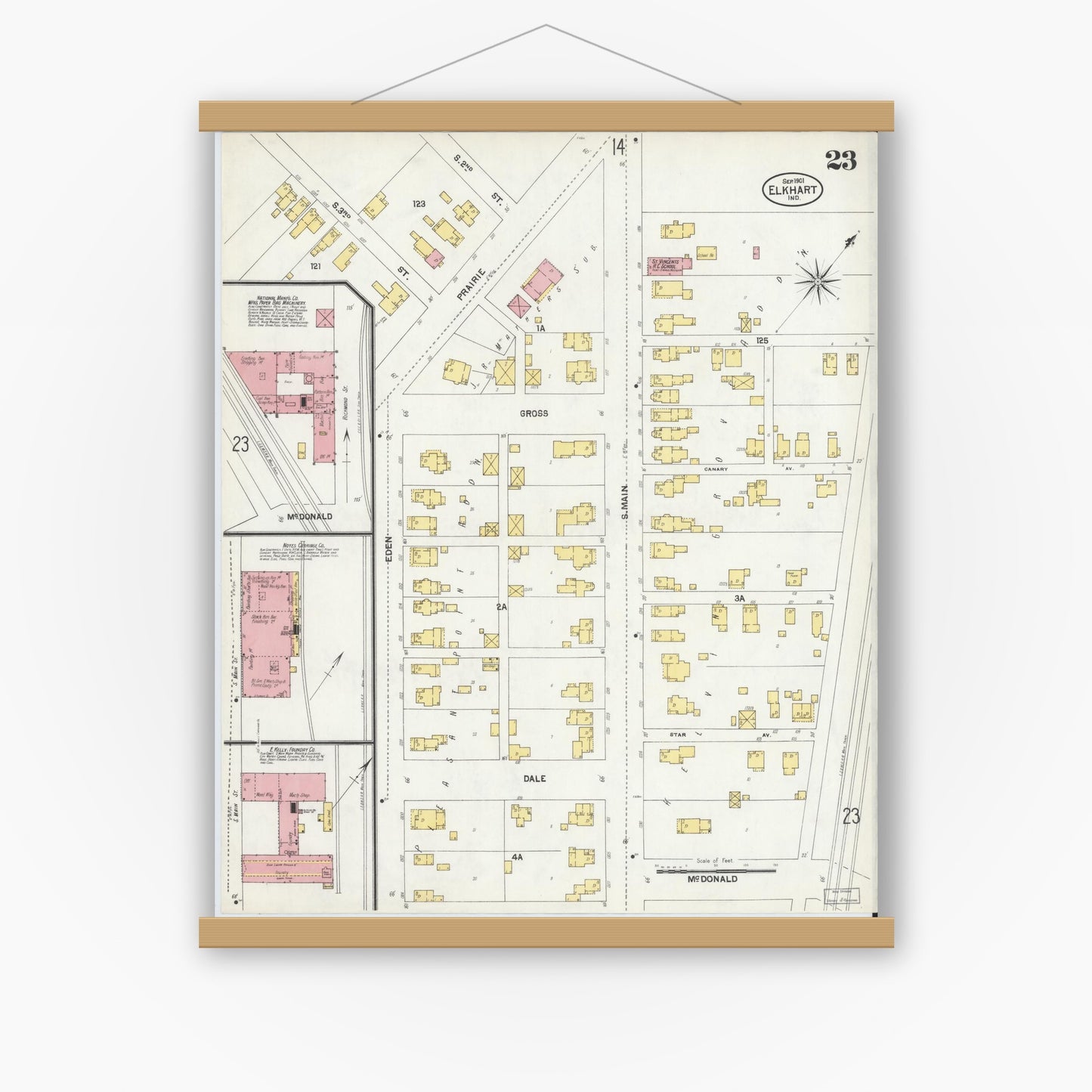 Old map wall art mockup — magnetic wood frame on white wall — Sanborn Fire Insurance Map from Elkhart, Elkhart County, Indiana (1901), Sheet #0023