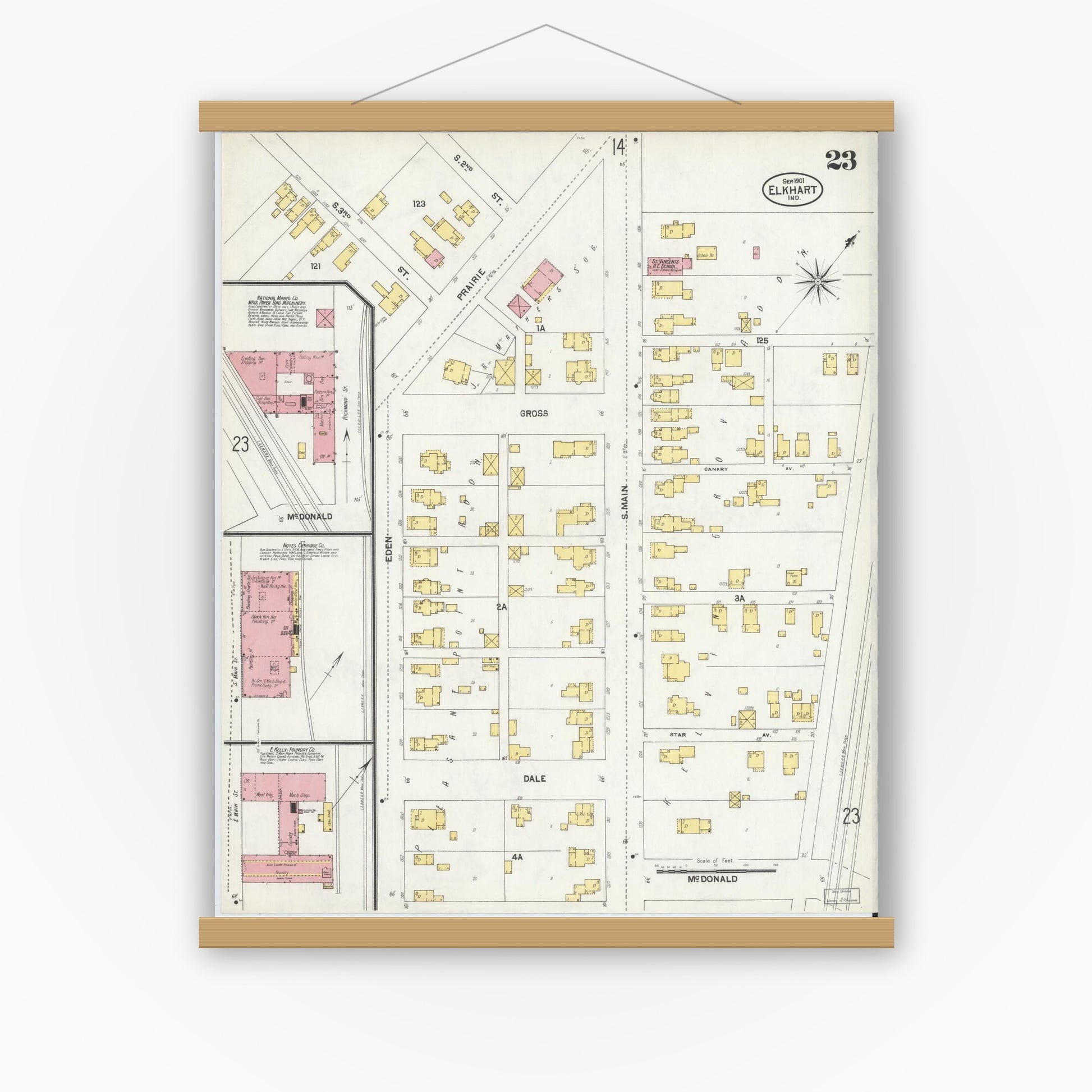 Old map wall art mockup — magnetic wood frame on white wall — Sanborn Fire Insurance Map from Elkhart, Elkhart County, Indiana (1901), Sheet #0023