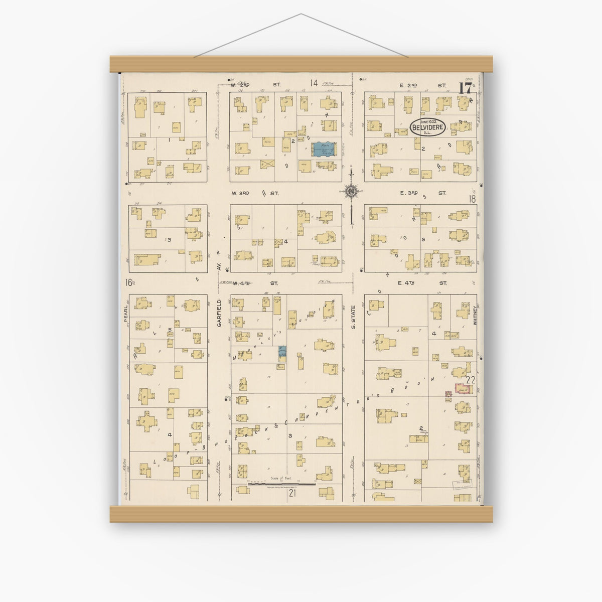 Old map wall art mockup — magnetic wood frame on white wall — Sanborn Fire Insurance Map from Belvidere, Boone County, Illinois (1922), Sheet #0017