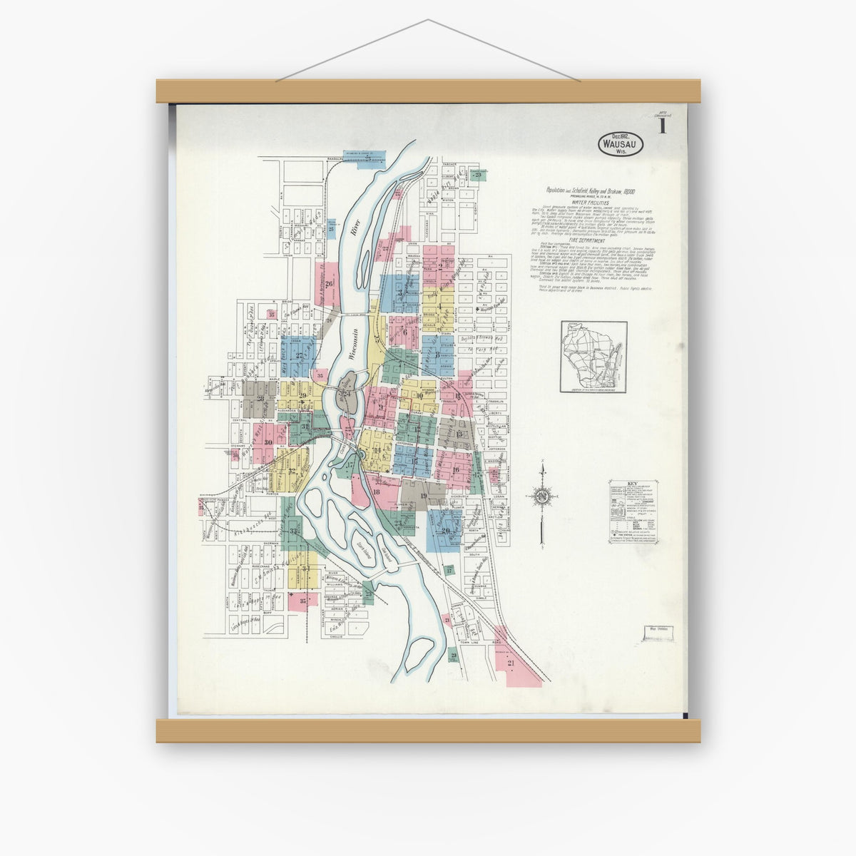 Old map wall art mockup — magnetic wood frame on white wall — Sanborn Fire Insurance Map from Wausau, Marathon County, Wisconsin (1912) - Complete Map Set