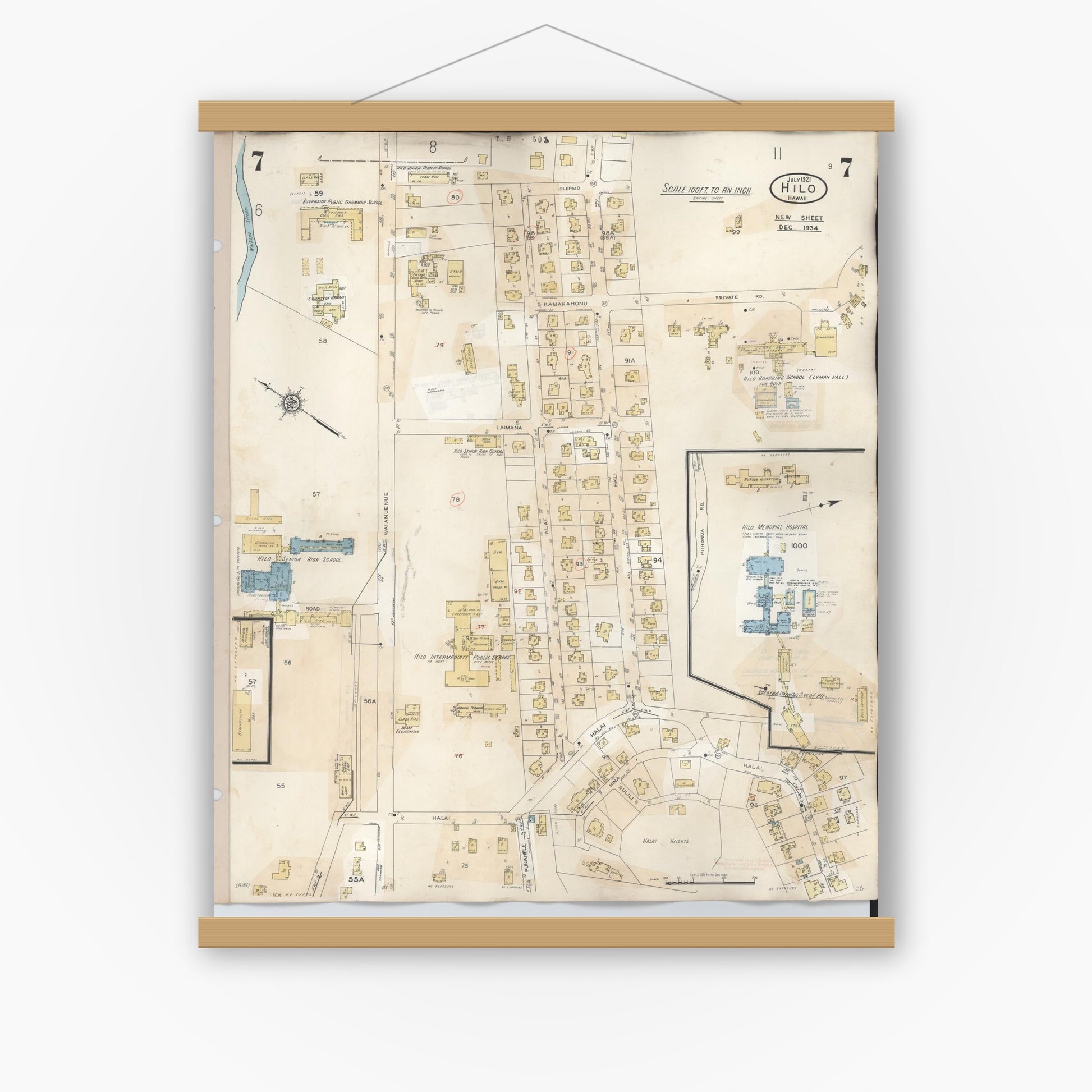 Old map wall art mockup — magnetic wood frame on white wall — Sanborn Fire Insurance Map from Hilo, Hawaii County, Hawaii (1957), Sheet #0007