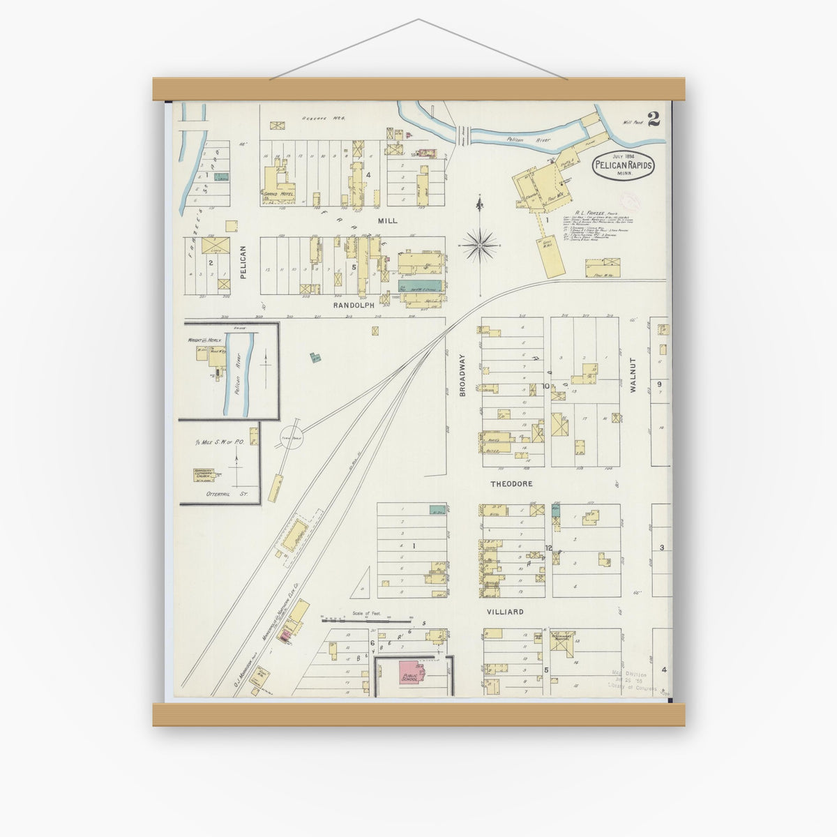 Old map wall art mockup — magnetic wood frame on white wall — Sanborn Fire Insurance Map from Pelican Rapids, Otter Tail County, Minnesota (1894), Sheet #0002