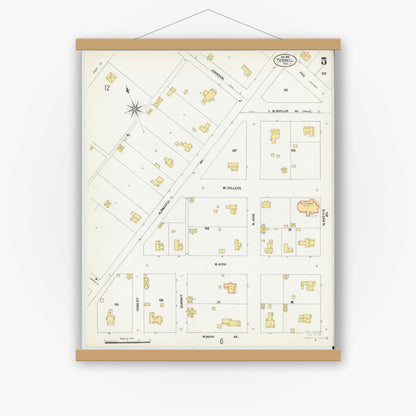 Old map wall art mockup — magnetic wood frame on white wall — Sanborn Fire Insurance Map from Terrell, Kaufman County, Texas (1902), Sheet #0005