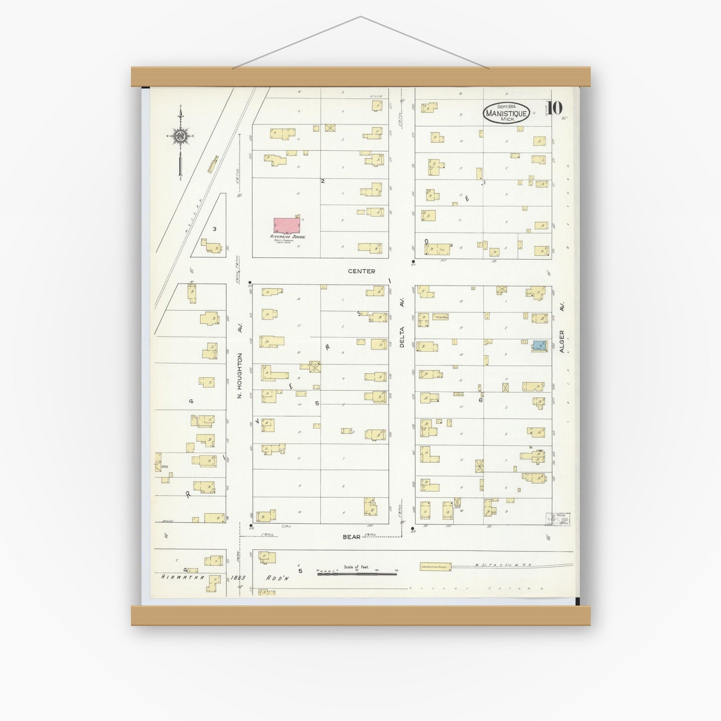 Old map wall art mockup — magnetic wood frame on white wall — Sanborn Fire Insurance Map from Manistique, Schoolcraft County, Michigan (1914), Sheet #0010