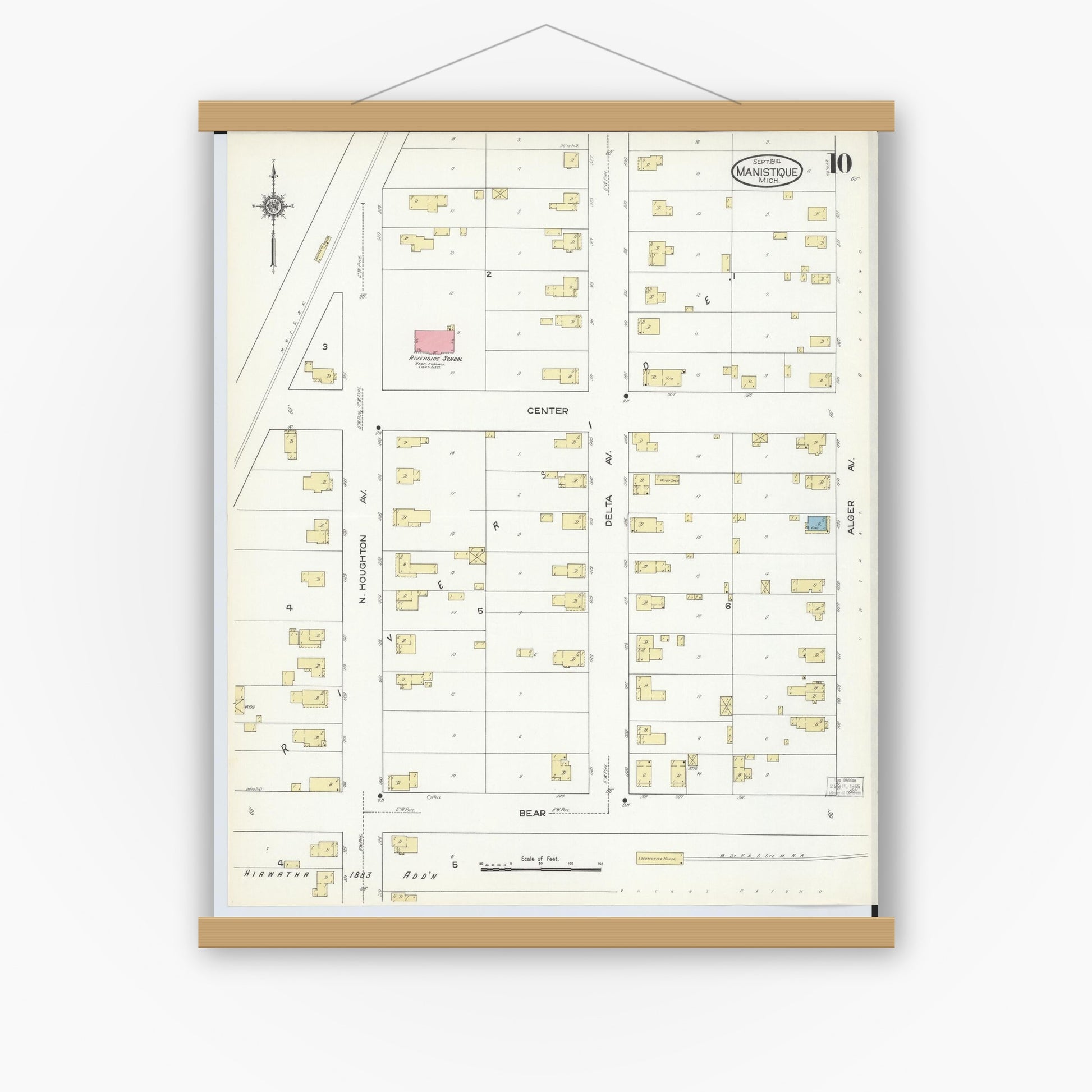 Old map wall art mockup — magnetic wood frame on white wall — Sanborn Fire Insurance Map from Manistique, Schoolcraft County, Michigan (1914), Sheet #0010
