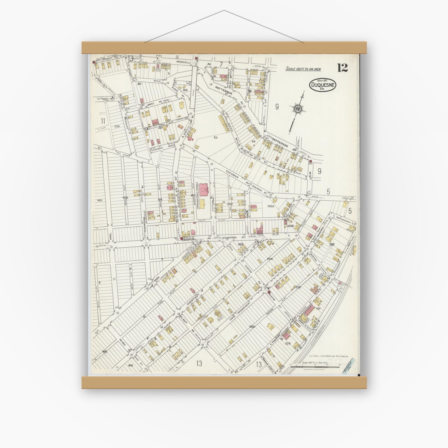 Old map wall art mockup — magnetic wood frame on white wall — Sanborn Fire Insurance Map from Duquesne, Allegheny County, Pennsylvania (1917), Sheet #0012