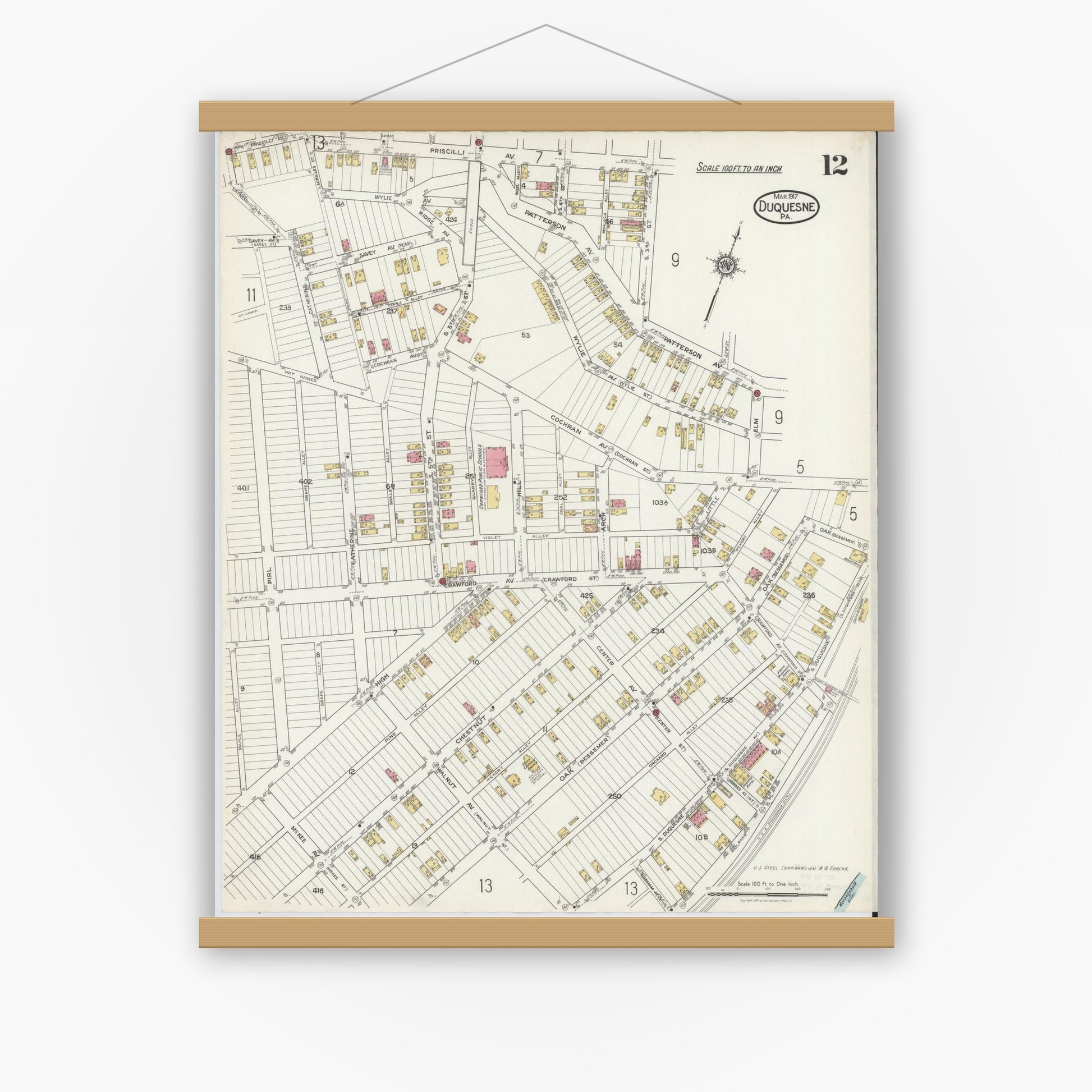 Old map wall art mockup — magnetic wood frame on white wall — Sanborn Fire Insurance Map from Duquesne, Allegheny County, Pennsylvania (1917), Sheet #0012