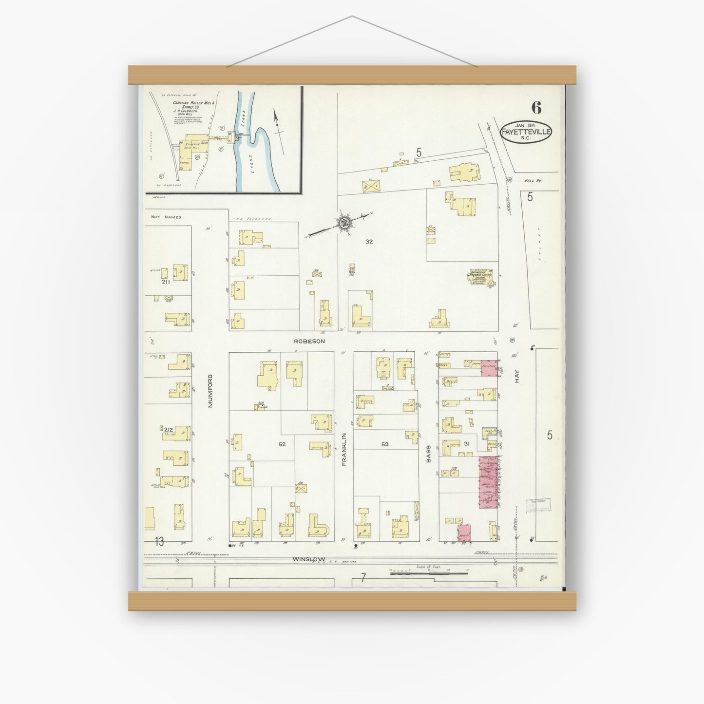 Old map wall art mockup — magnetic wood frame on white wall — Sanborn Fire Insurance Map from Fayetteville, Cumberland County, North Carolina (1914), Sheet #0006