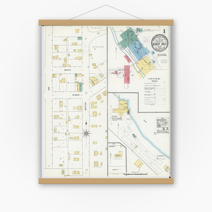 Old map wall art mockup — magnetic wood frame on white wall — Sanborn Fire Insurance Map from Oconto Falls, Oconto County, Wisconsin (1904), Sheet #0001
