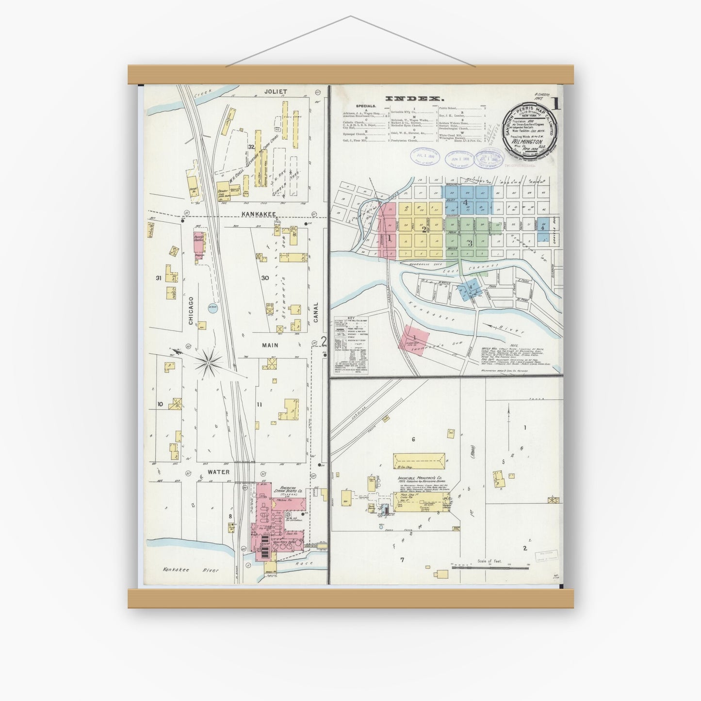 Old map wall art mockup — magnetic wood frame on white wall — Sanborn Fire Insurance Map from Wilmington, Will County, Illinois (1898) - Complete Map Set