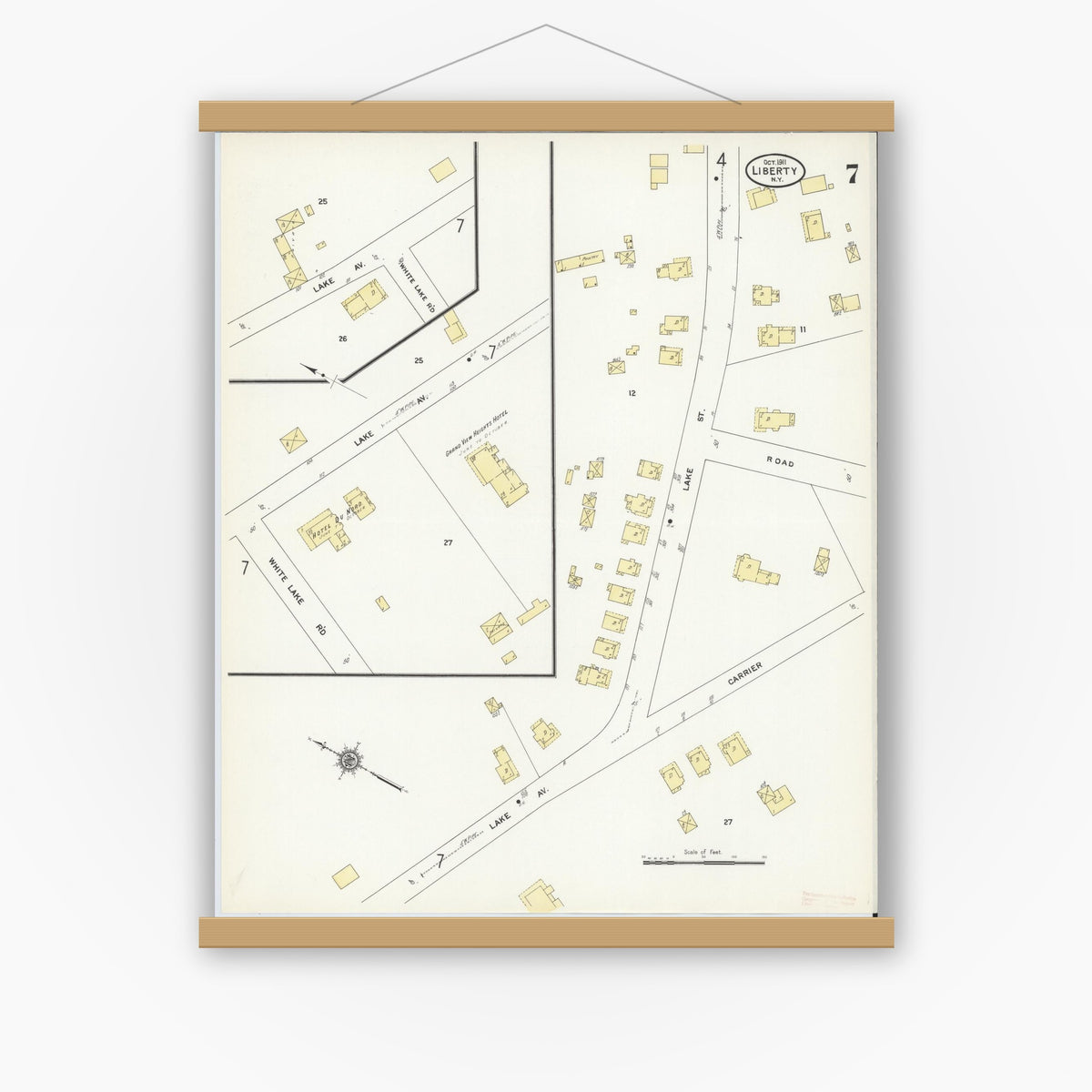 Old map wall art mockup — magnetic wood frame on white wall — Sanborn Fire Insurance Map from Liberty, Sullivan County, New York (1911), Sheet #0007
