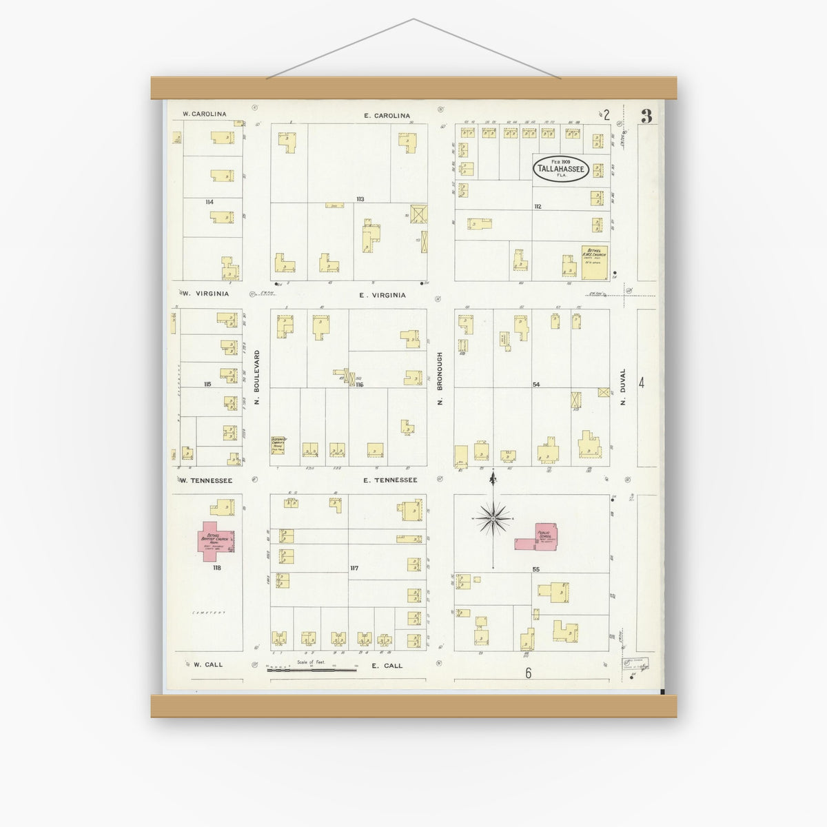 Old map wall art mockup — magnetic wood frame on white wall — Sanborn Fire Insurance Map from Tallahassee, Leon County, Florida (1909), Sheet #0003