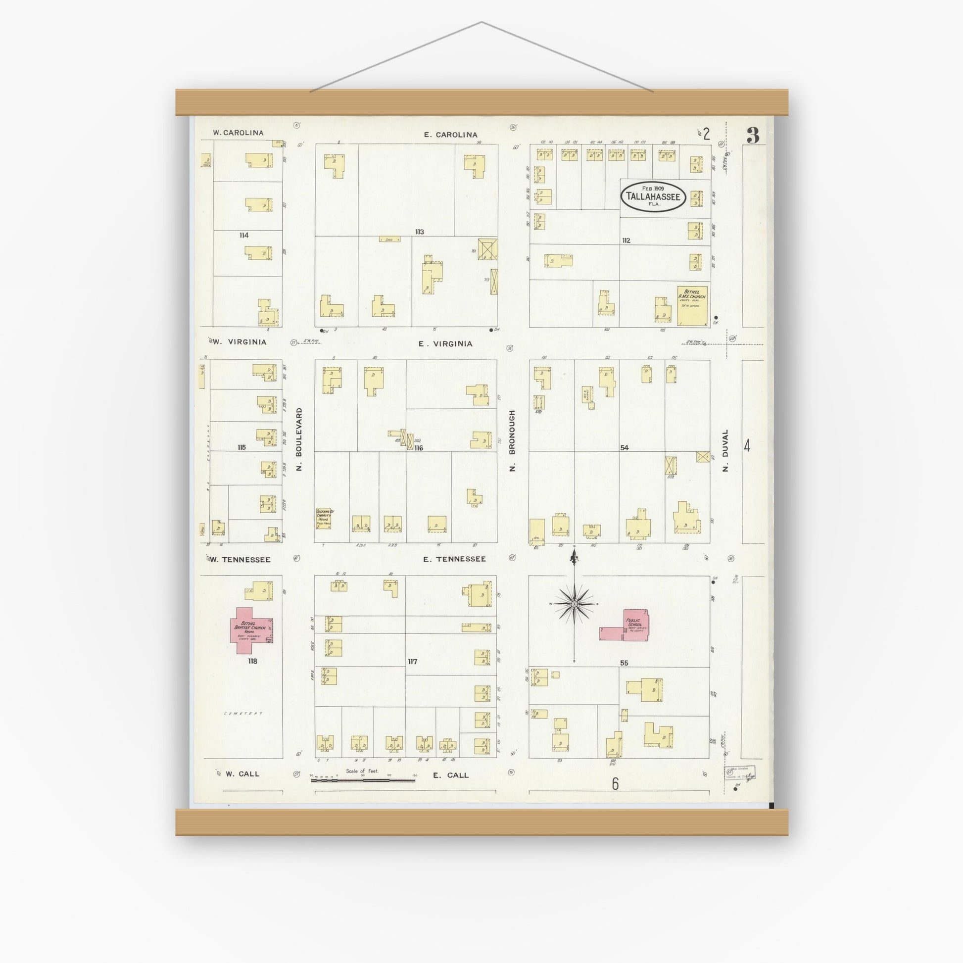 Old map wall art mockup — magnetic wood frame on white wall — Sanborn Fire Insurance Map from Tallahassee, Leon County, Florida (1909), Sheet #0003