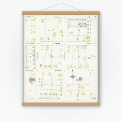 Old map wall art mockup — magnetic wood frame on white wall — Sanborn Fire Insurance Map from Tallahassee, Leon County, Florida (1909), Sheet #0003
