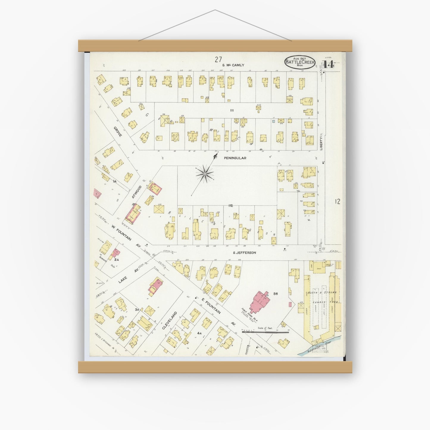 Old map wall art mockup — magnetic wood frame on white wall — Sanborn Fire Insurance Map from Battle Creek, Calhoun County, Michigan (1907), Sheet #0014