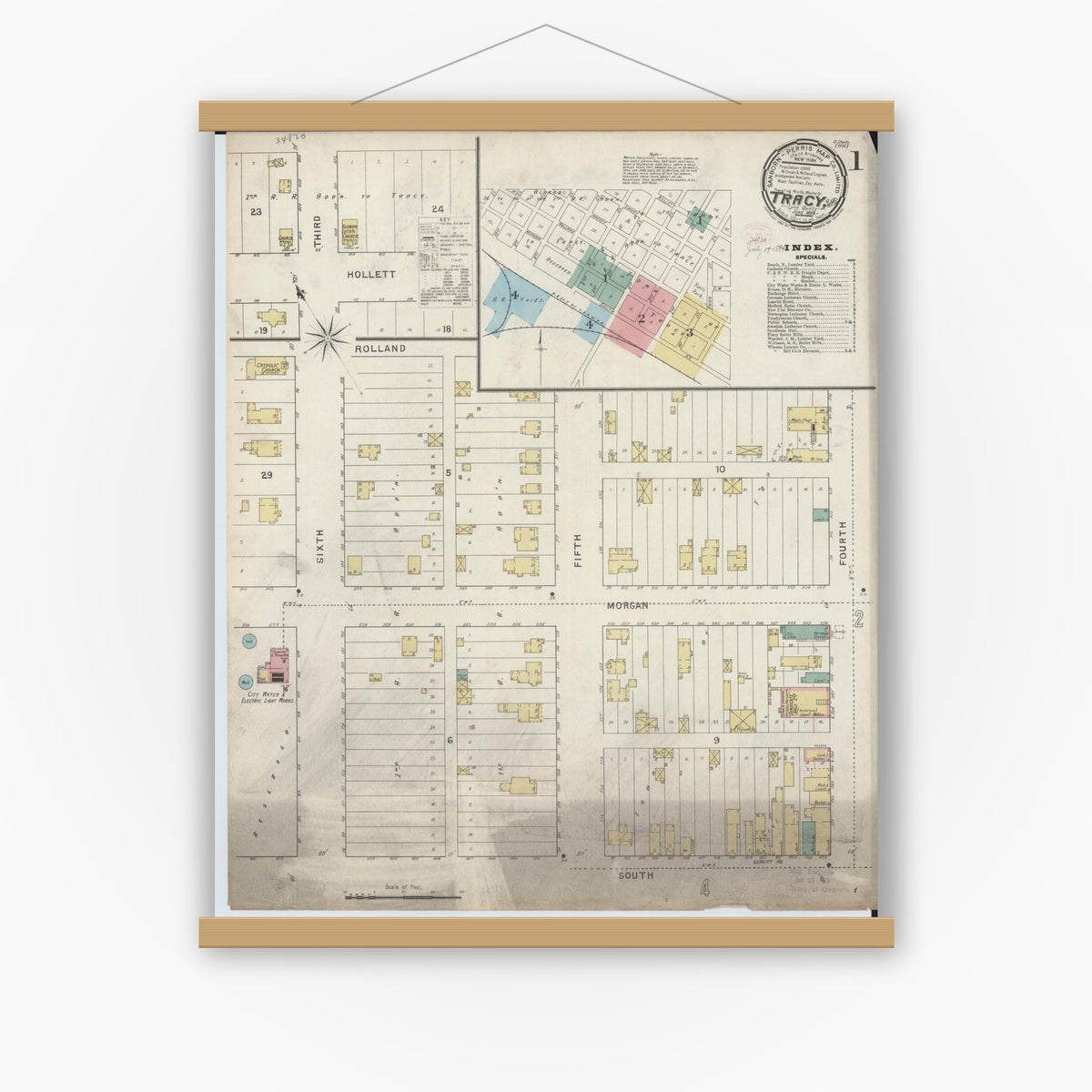 Old map wall art mockup — magnetic wood frame on white wall — Sanborn Fire Insurance Map from Tracy, Lyon County, Minnesota (1894), Sheet #0001