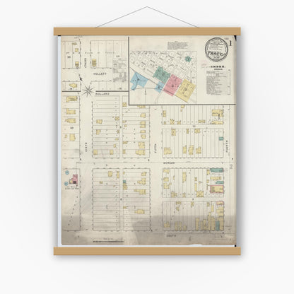 Old map wall art mockup — magnetic wood frame on white wall — Sanborn Fire Insurance Map from Tracy, Lyon County, Minnesota (1894), Sheet #0001